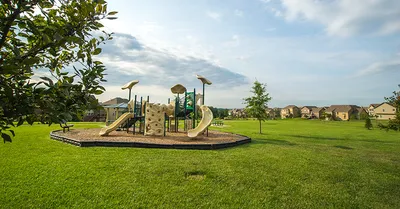 Playground with slides and climbing structures surrounded by a large green field, with houses visible in the background.